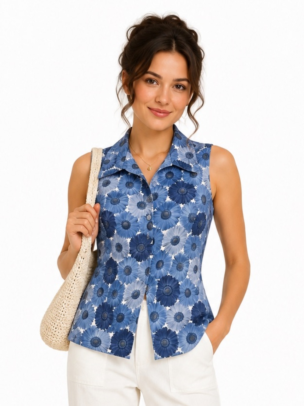Vintage 90s Pelican Cove Blue Daisy Floral Sleeveless Blouse Top Sm-M 4-6